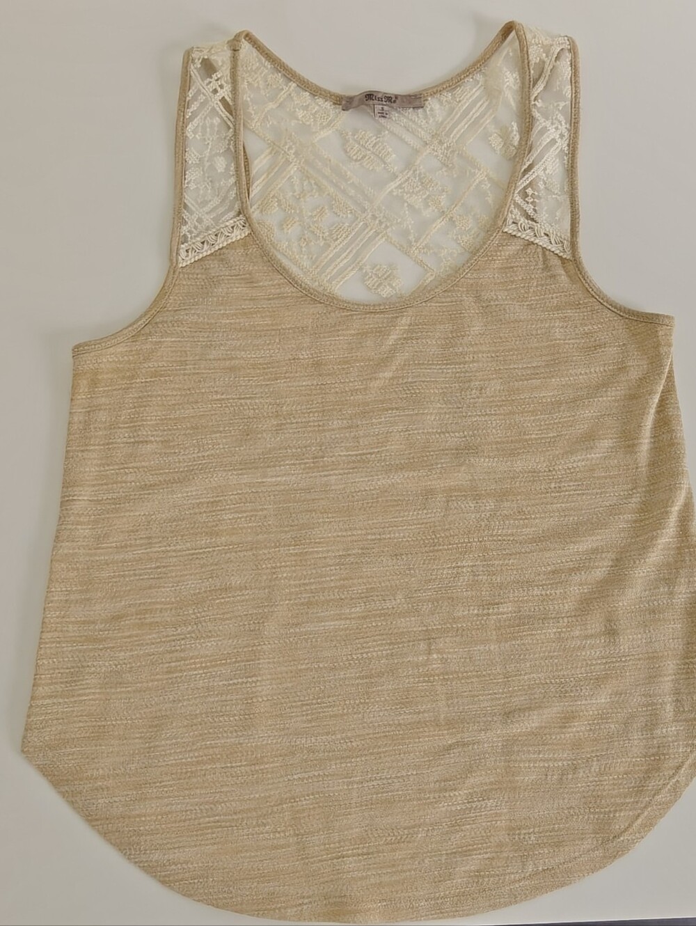 Miss Me tan/white boho tank sheer floral lace shoulder inlay & back size S